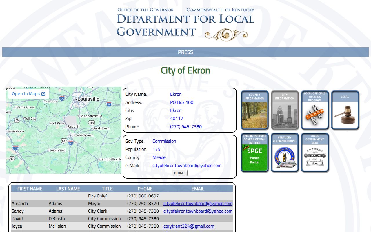 Kentucky local government source for Ekron record checks